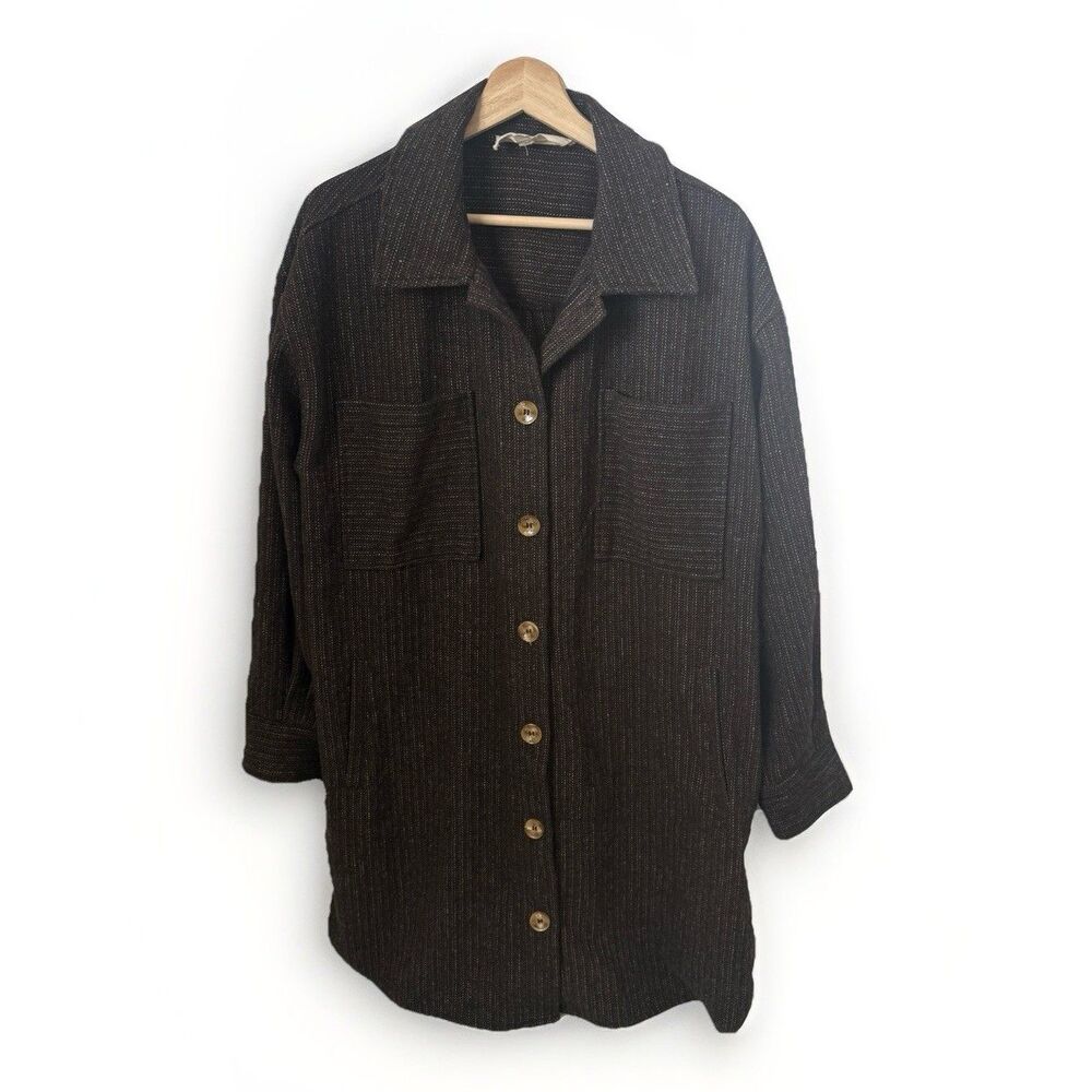 Promesa Wool-Blend Brown Herringbone Long Chore GORP Cabincore Shacket Medium